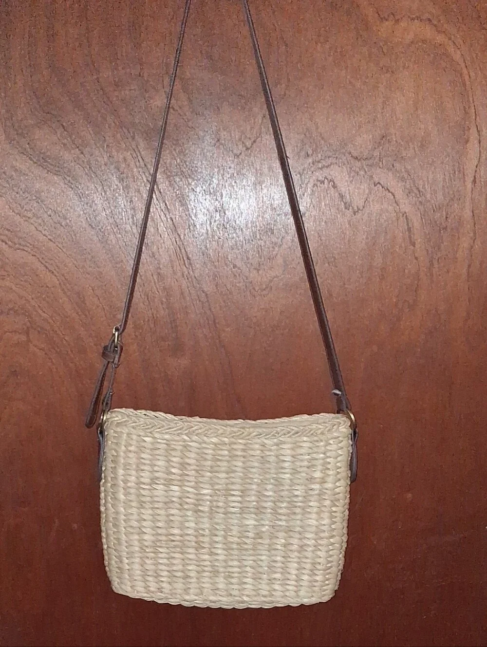 Straw Studios Natural Cream Woven Crossbody with Brown Strap